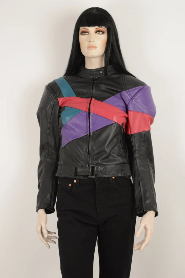 Vintage 90s MQP black purple green red real leather jacket by TJS