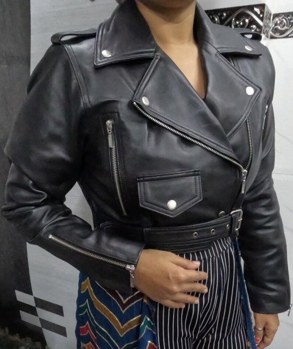 Womens Crop Leather Jacket BLACK  CROPPED Motorcycle Bolero Shrug Leather Jacket by tjs