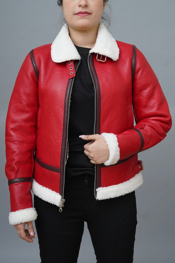 Womens Christmas Red Leather Jacket Aviator Bomber Style Faux Fur Red Leather Jacket Christmas Outfit By TJS