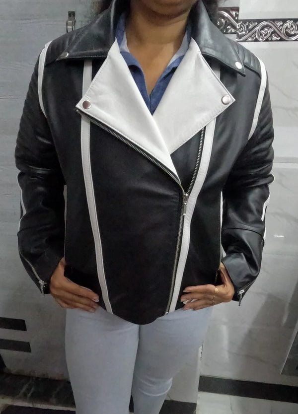 Womens Black & White Lambskin Leather Biker Jacket  Color Block Leather Jacket by tjs