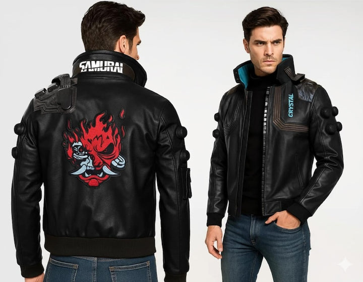 Black leather jacket with a dragon design on the back, worn by a model against a white background.