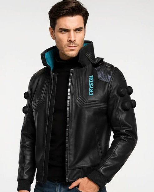 Man wearing a black leather jacket with 'Crystal' branding on a white background