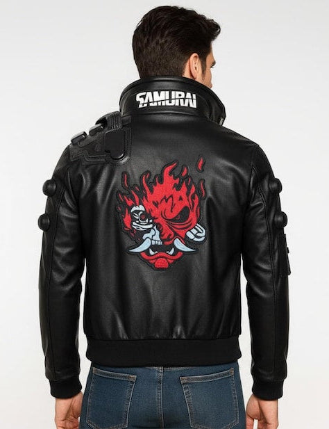 Black leather jacket with red and white design on the back, worn by a person.