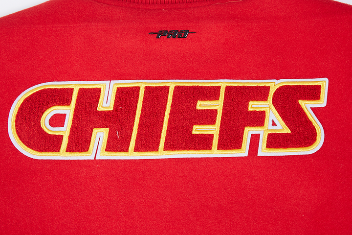 Chiefs logo on the back of a red varsity jacket with bold yellow and red text