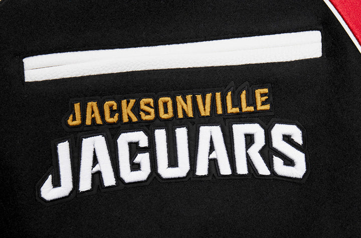 Embroidered 'Jacksonville Jaguars' text on the varsity jacket.