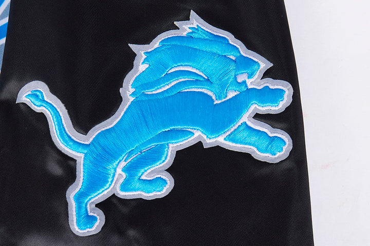 Black Satin NFL Detroit Lions Jacket with Ribbed Cuffs and Team Logo