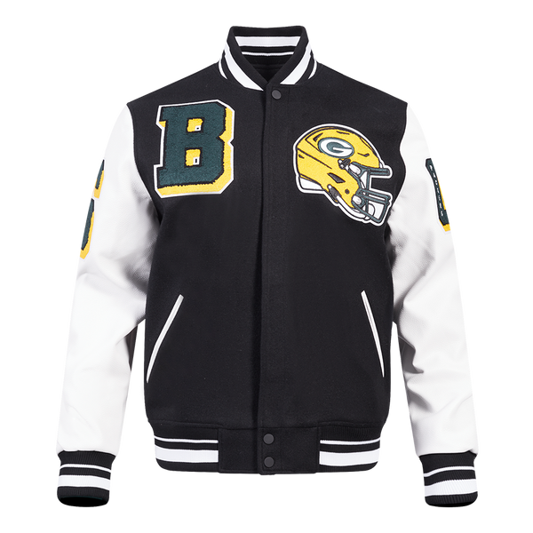 Front View of NFL Packers Varsity Jacket with Team Helmet and XLV Patch