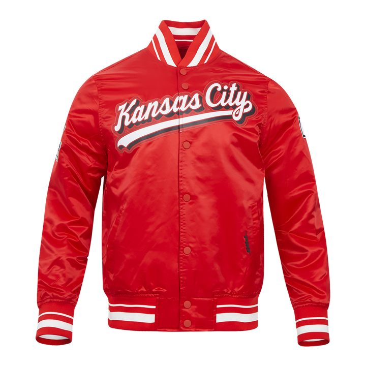 Kansas City varsity-style red jacket front view.
