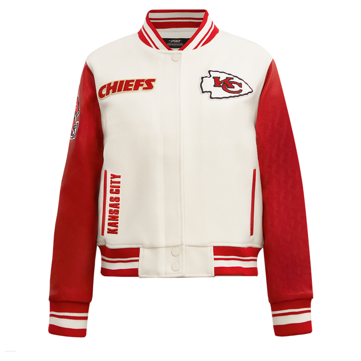 Front side view of NFL Kansas City Chiefs wool varsity jacket.