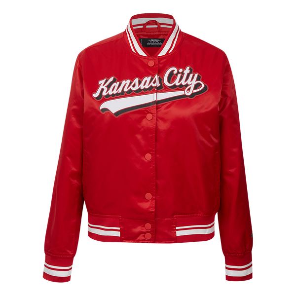 Kansas City Chiefs embroidered logo on red satin jacket sleeve.