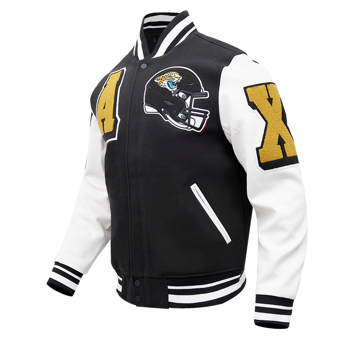 Side view of the Jacksonville Jaguars varsity jacket featuring team patches.