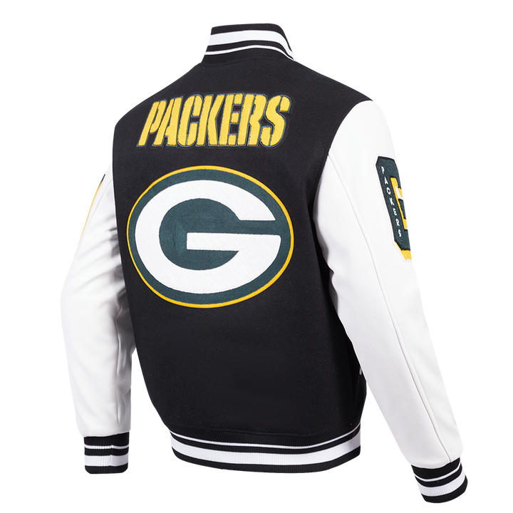 Back View of NFL Packers Varsity Jacket with Large "G" and Packers Text