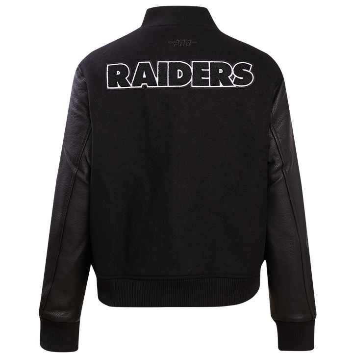 Back view of NFL Las Vegas Raiders Varsity Jacket showcasing large team logo.