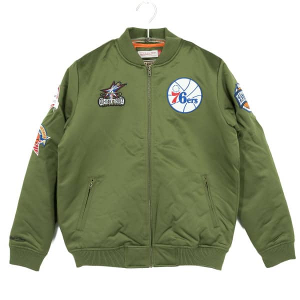 front view NBA Philadelphia 76ers Olive Heavyweight Satin Jacket