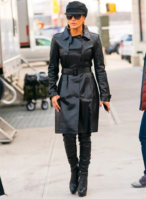 Jennifer Lopez black leather trench coat