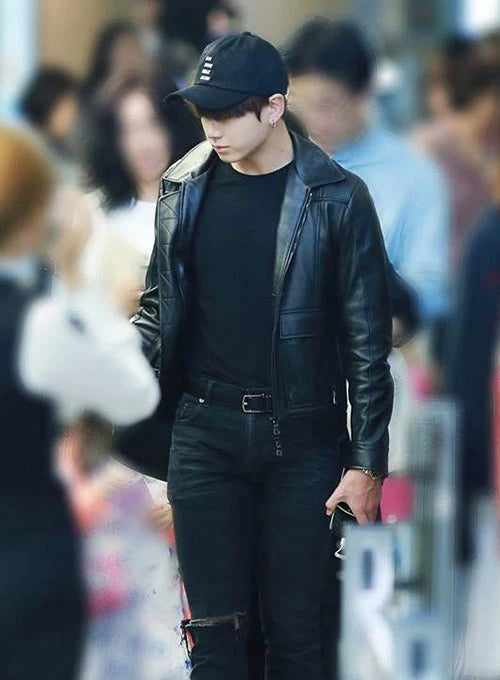 Stylish Leather Jacket Worn by BTS Jungkook in France style