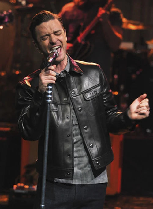 Justin Timberlake stylish leather jacket front view in USA