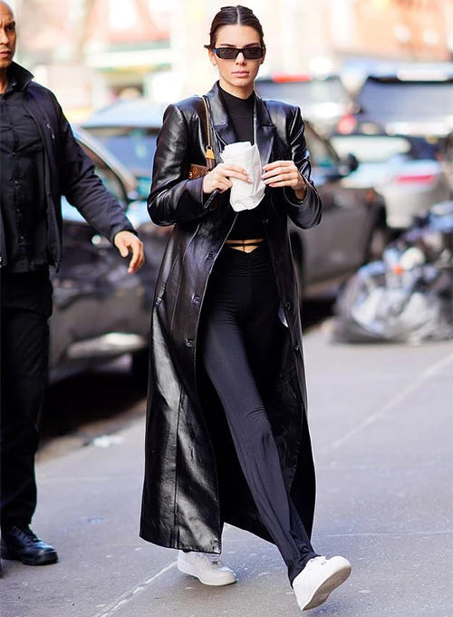 Elegant Long Leather Coat Elevating Kendall Jenner's Style in American style