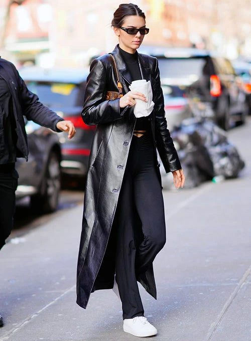 Kendall Jenner's Fashion Forward Long Leather Outerwear in United state market