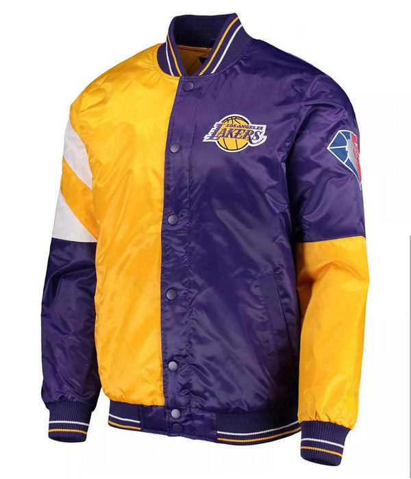 LA Lakers 75th Anniversary Leader Color Block Full-Snap Satin Jacket Front View
