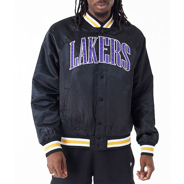 LA Lakers Applique Black Bomber Satin Jacket Front View