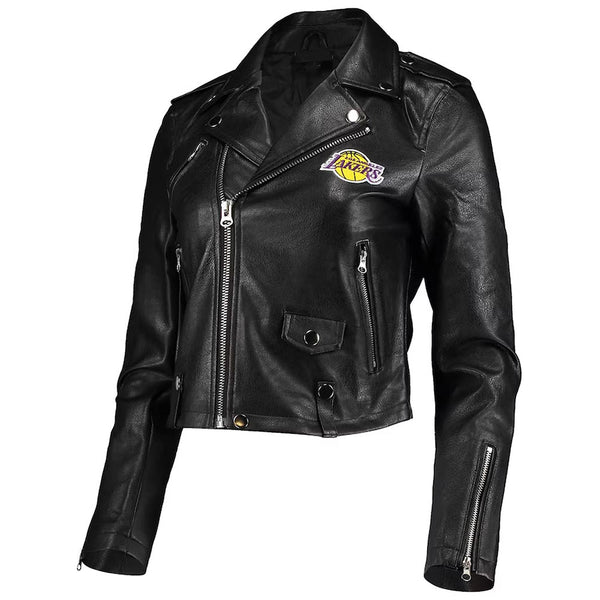 LA Lakers Black Moto Leather Jacket Front View