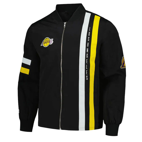 LA Lakers Black Stitch Applique Bomber Jacket front view 