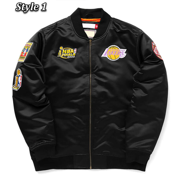 LA Lakers Bomber Black Lightweight Satin Jacket Front view Style one