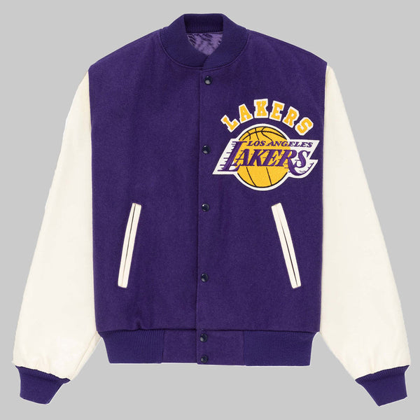 LA Lakers Purple and White Vintage Varsity Jacket Front View