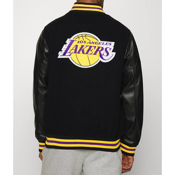 LA Lakers Training Team Logo Black Varsity Jacket Back View