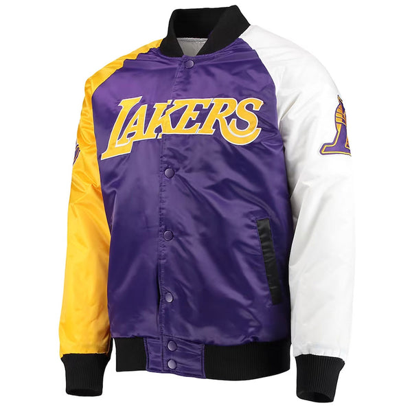 LA Lakers Tricolor Remix Varsity Satin Jacket Front View