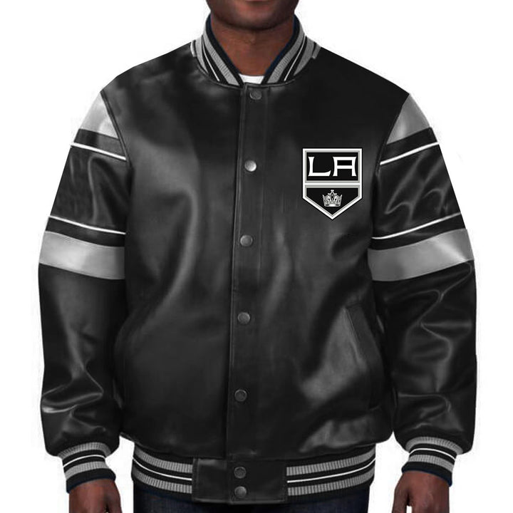 Sport this sleek Los Angeles Kings leather jacket, a tribute to the team's history and your unwavering support for the crown in USA