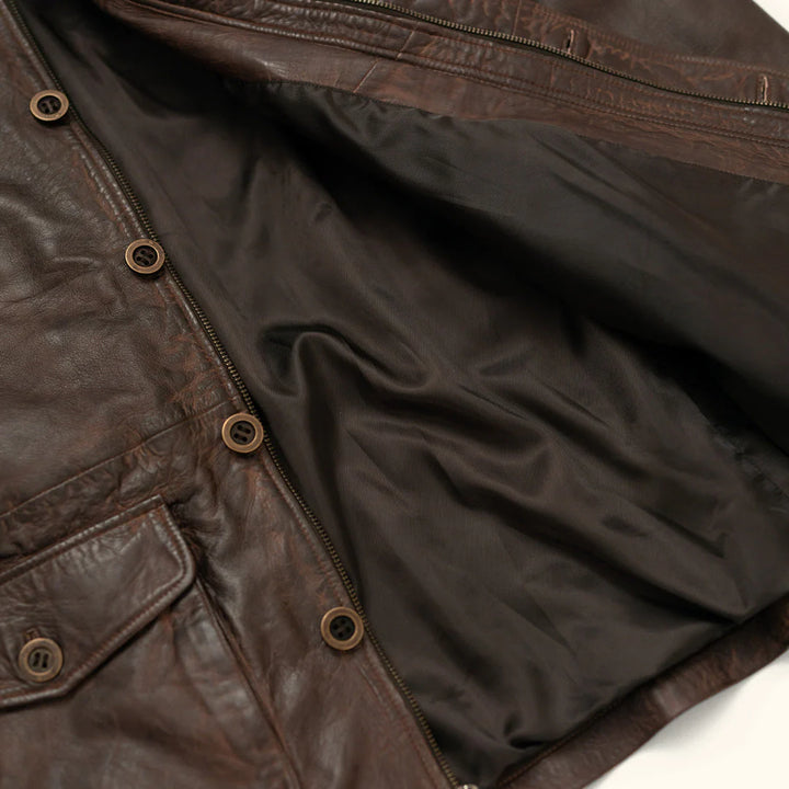 Durable men's leather barn coat with concealed zipper and brass buttons