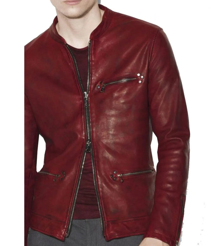 Front View Men’s Casual Red Burnished Dual Zipper Jacket