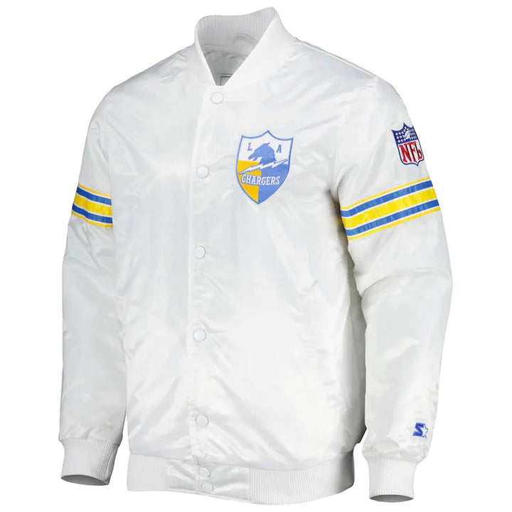 Stylish LA Chargers Light Blue and White Satin Jacket
