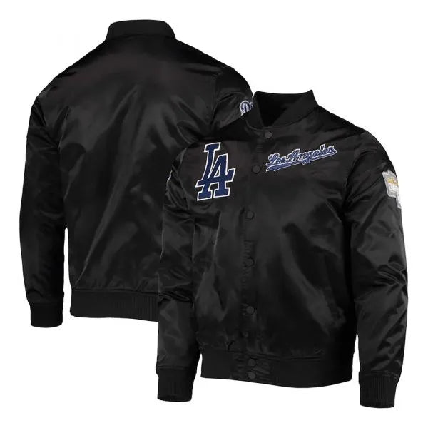 Wordmark LA Dodgers black bomber satin jacket front view

