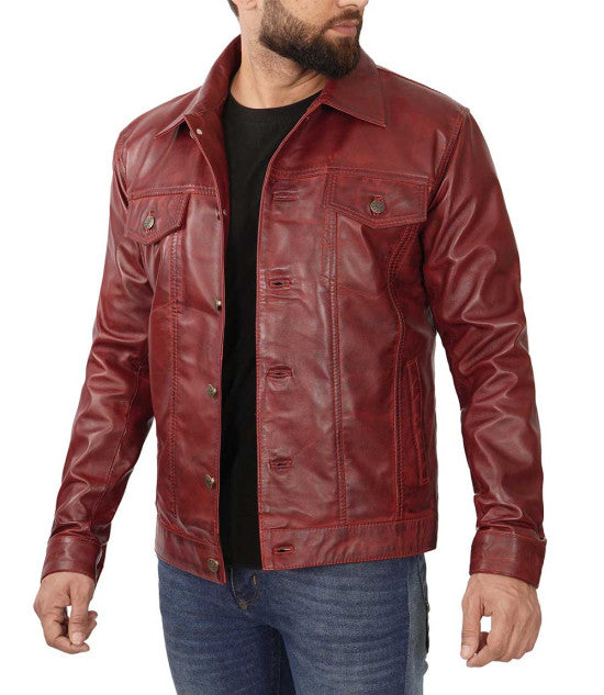 Fashionable maroon trucker jacket in leather by TJS in United state market