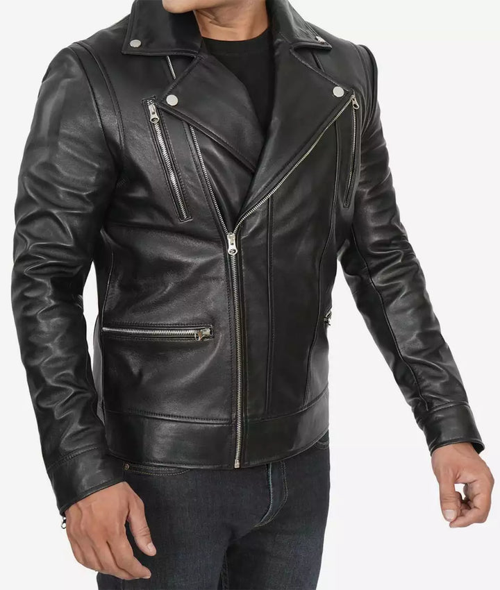 Men's edgy black leather biker jacket by Carter in France style