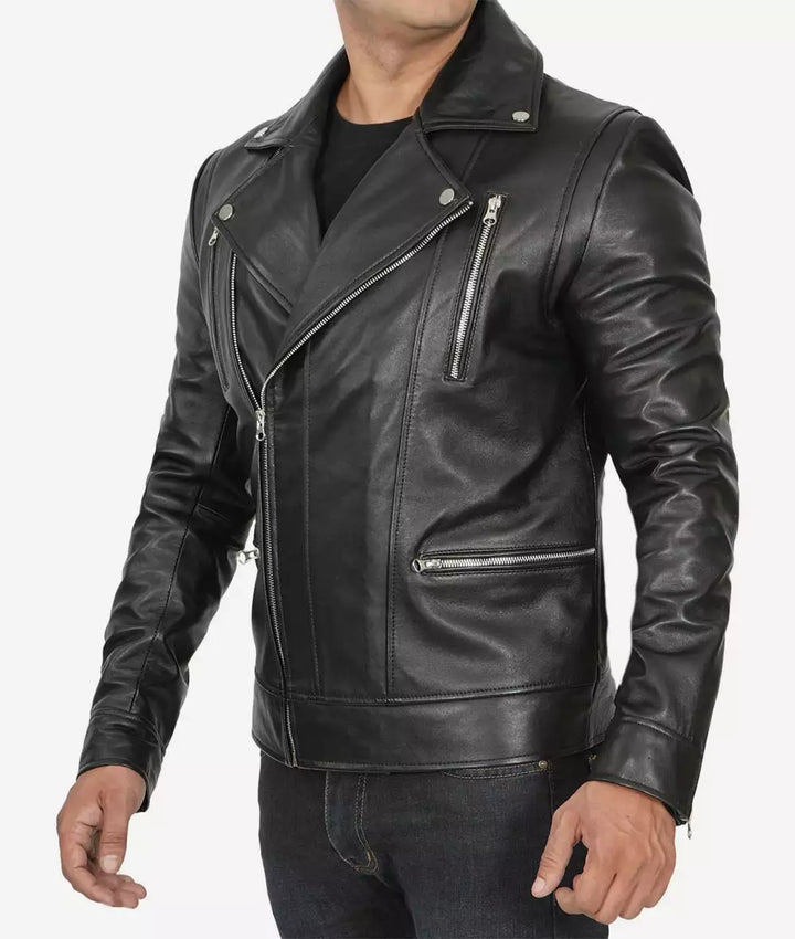 Fashionable men's asymmetrical leather moto jacket in USA market