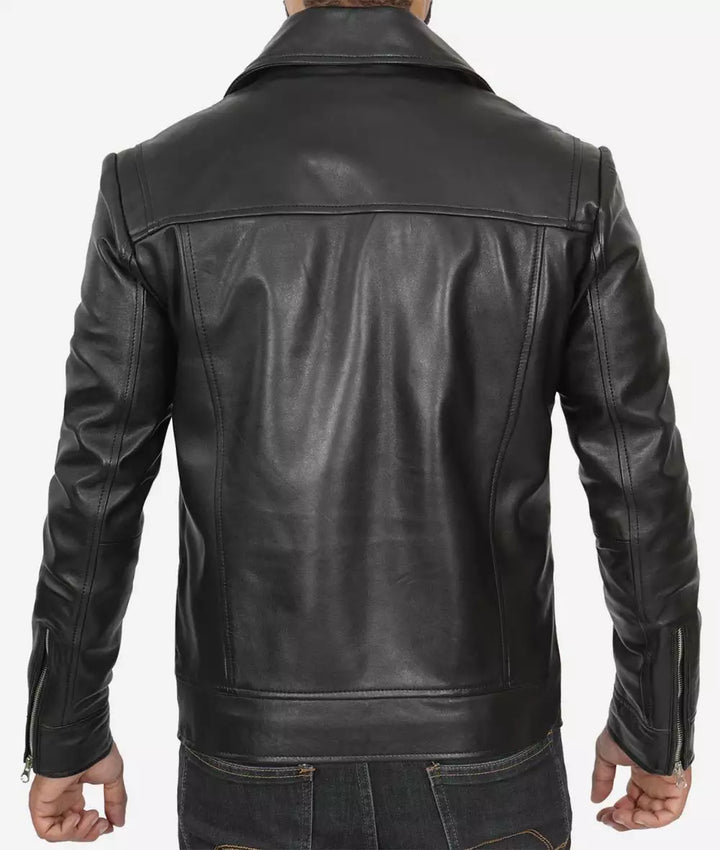 Men's black biker jacket with an asymmetrical design in France style