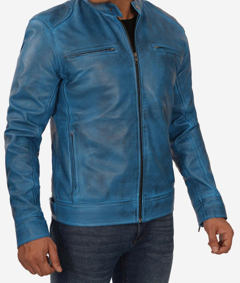 Classic cafe racer style jacket in blue lambskin for men in American style