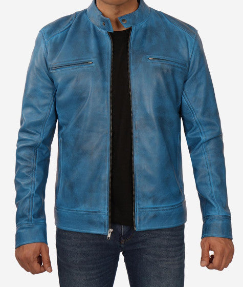 Men's trendy blue leather cafe racer jacket in USA