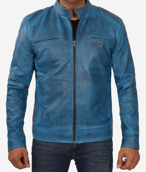 Blue lambskin motorcycle jacket for stylish men in American style