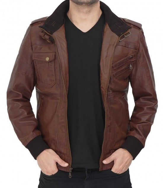 Stylish hooded brown leather jacket for males in United state market
