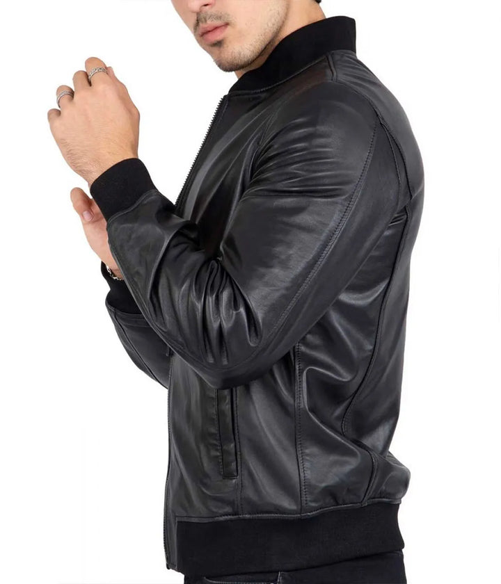 Sleeve View Men’s Casual Bomber Real Black Leather Jacket