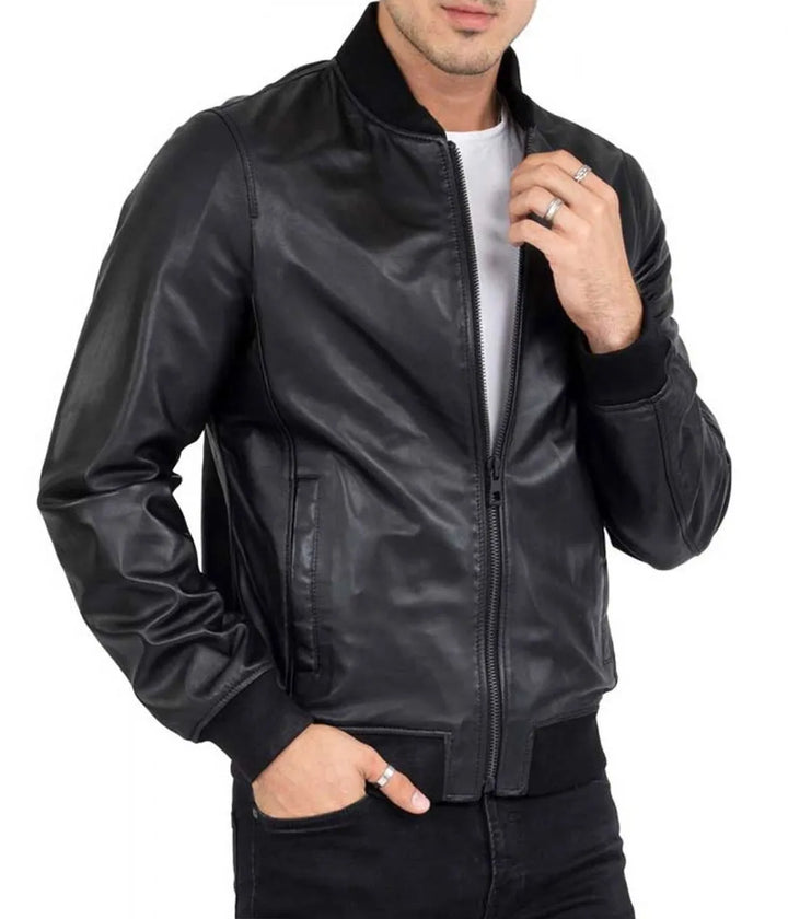 Collar Front View Men’s Casual Bomber Real Black Leather Jacket