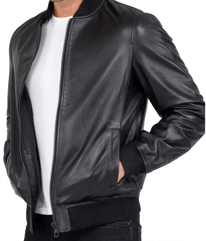 Open Zip  View Men’s Casual Bomber Real Black Leather Jacket