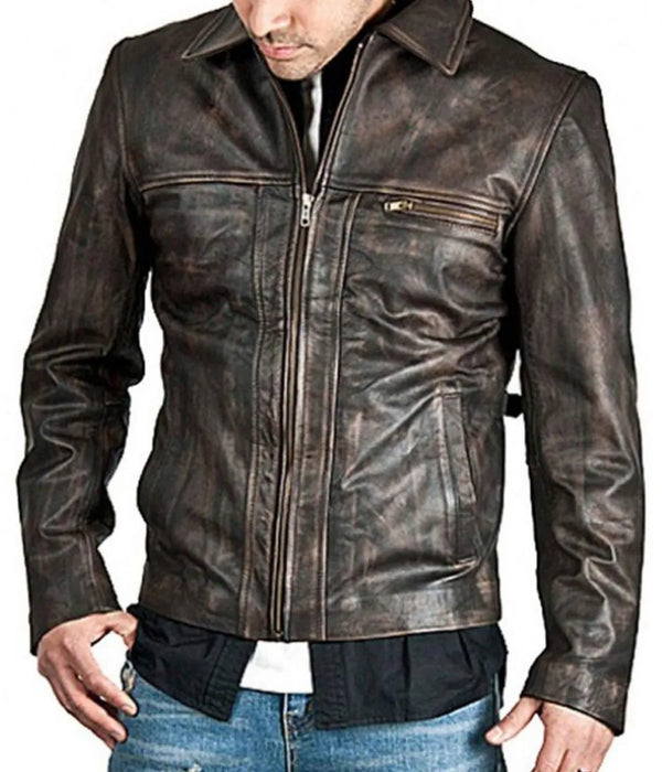 Front View Men’s Zip Up Shirt Collar Brown Distressed Leather Jacket