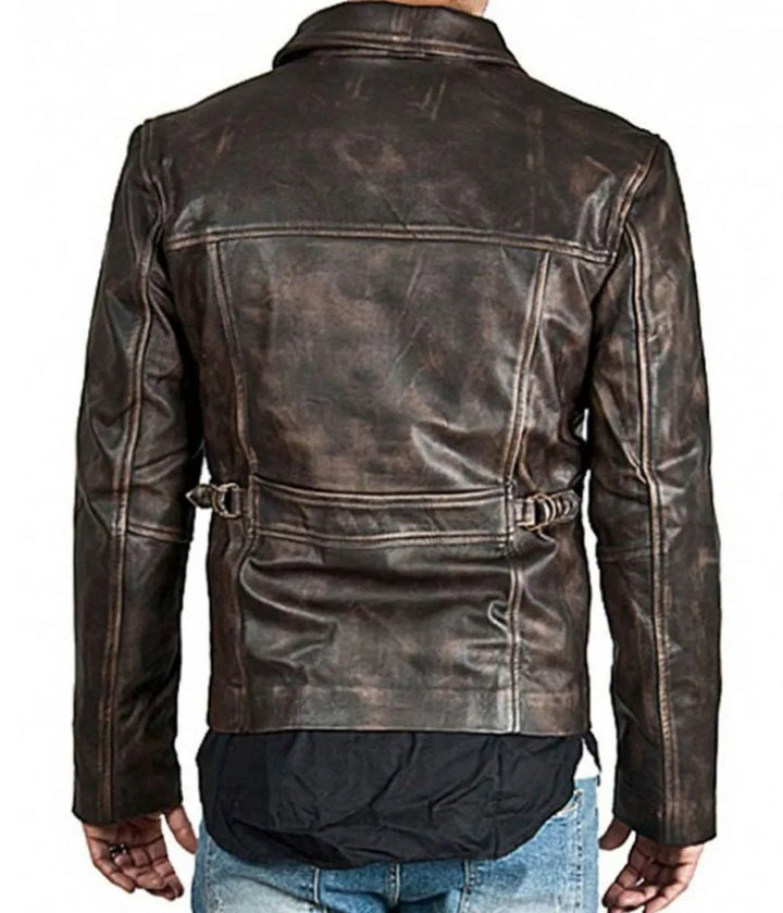 Back View Men’s Zip Up Shirt Collar Brown Distressed Leather Jacket