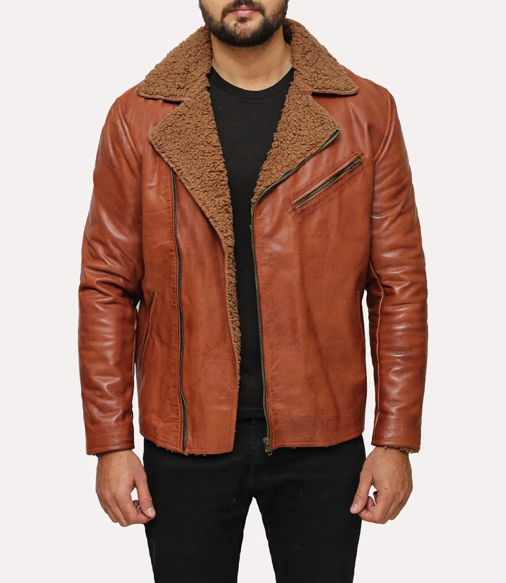 Men's Brown Shearling Leather Jacket - Open Front View Showcasing Inner Lining in American style